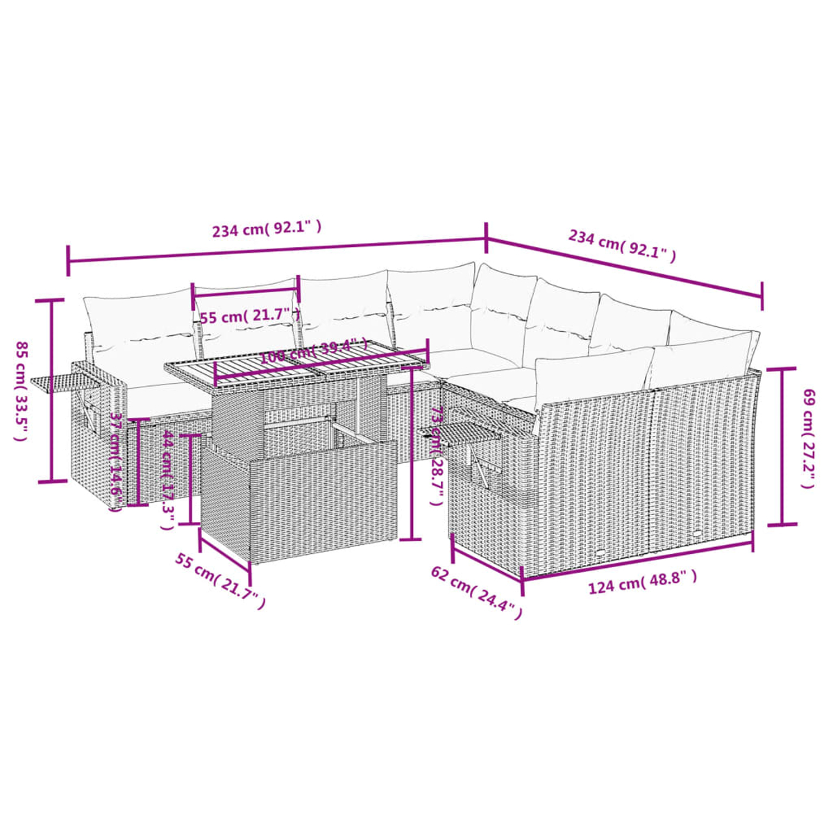 Set di mobili da esterno in vimini con dimensioni etichettate in cm e pollici.