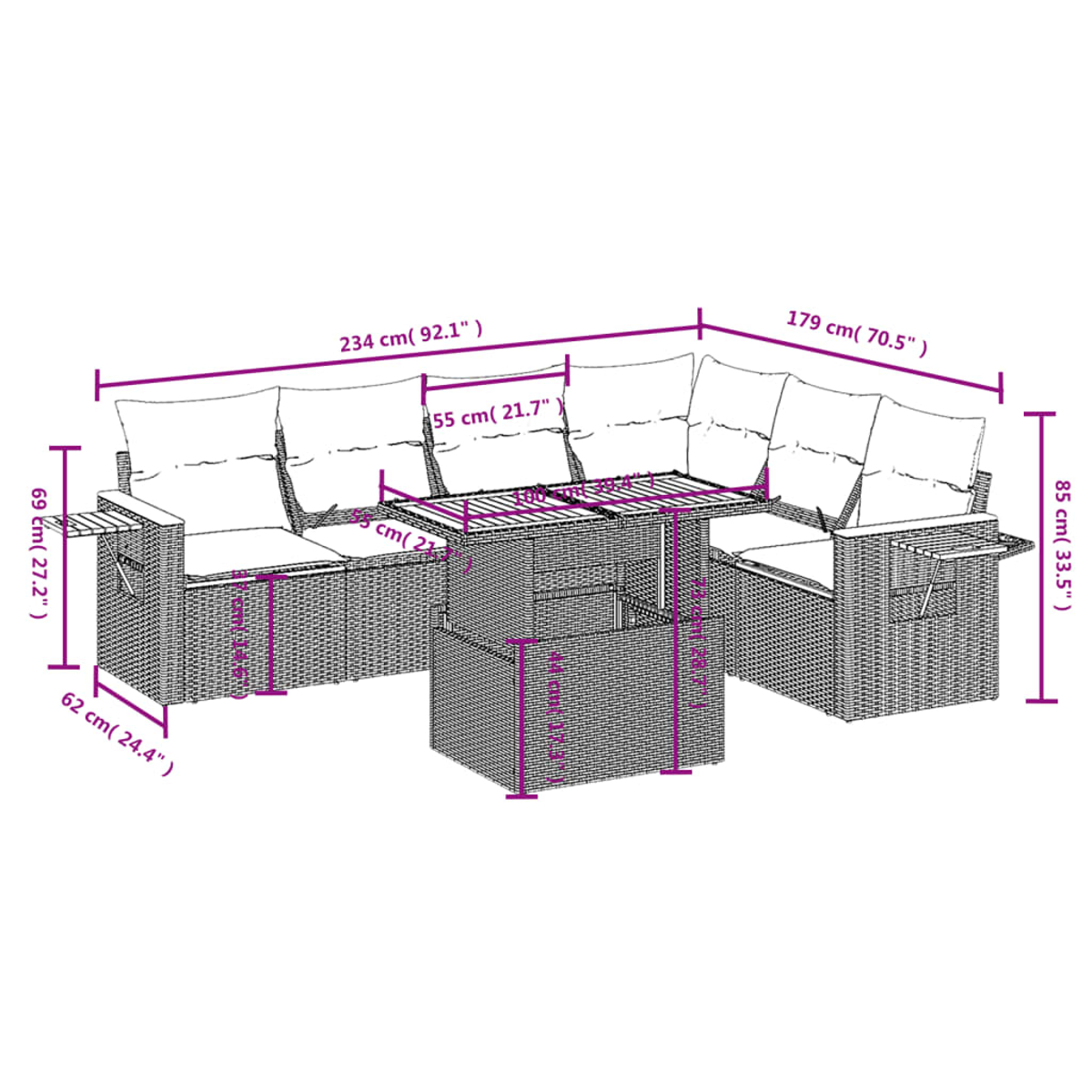 Ein Gartenmöbel-Set aus Korbgeflecht mit Maßangaben. Es umfasst ein Sofa, einen Tisch und einen Stuhl, alle mit weißen Kissen.