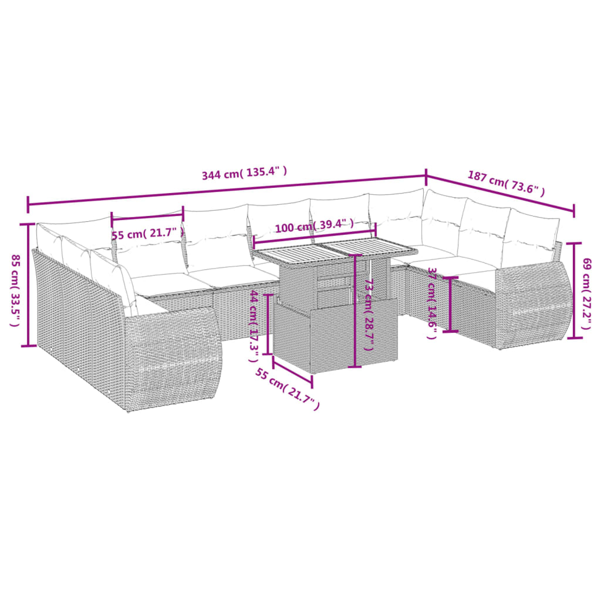 Garten-Rattan-Möbelset mit Maßangaben. Es umfasst ein Sofa und einen Tisch, mit Maßen in cm und Zoll.