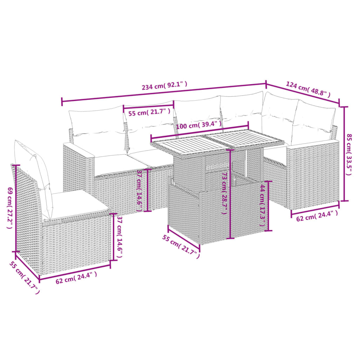 Ein weißes Outdoor-Möbelset aus Korbgeflecht wird mit Maßangaben gezeigt. Es beinhaltet einen Tisch, Stühle und ein Ecksofa.