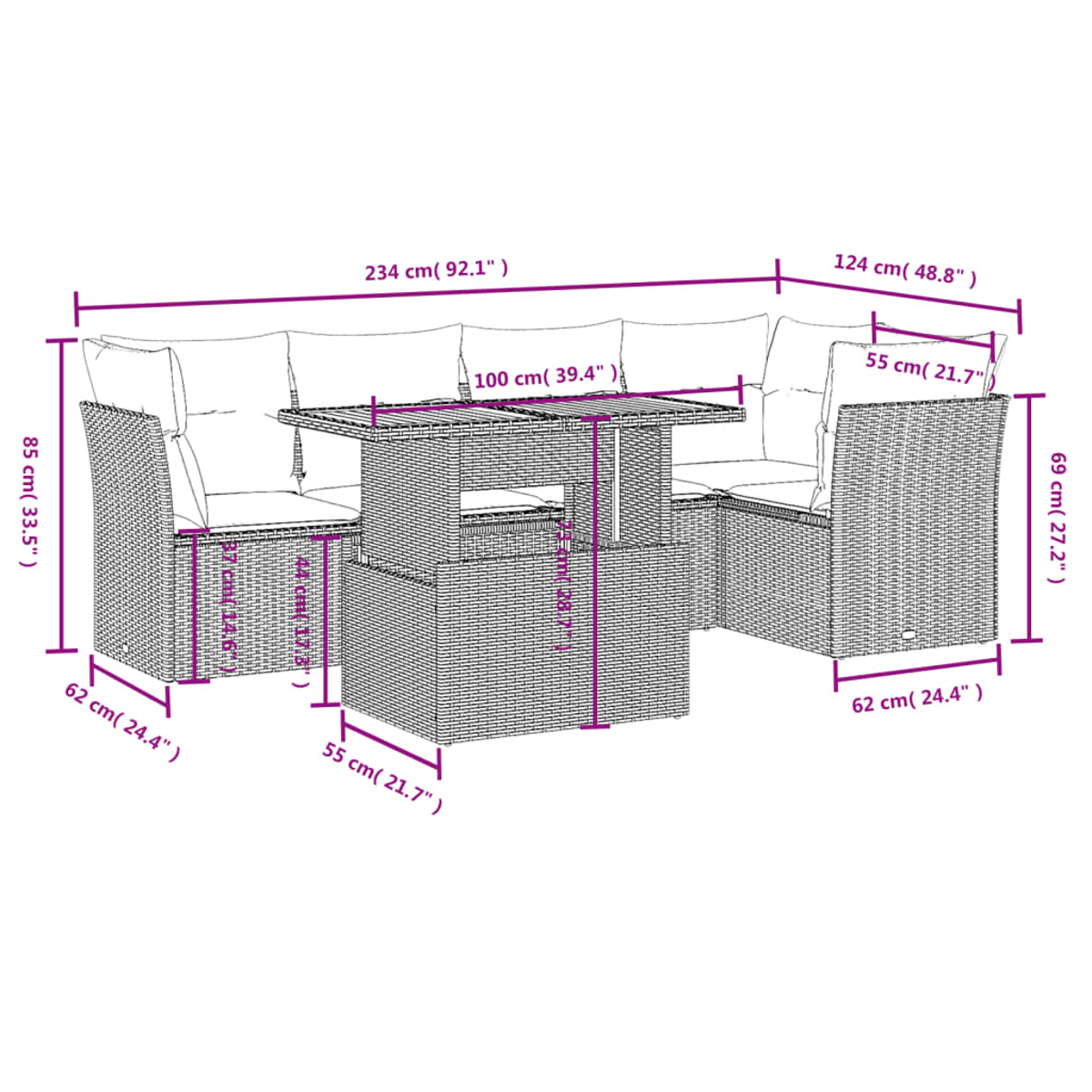 Rattan-Sofa-Set für den Außenbereich mit Kissen und einem Tisch. Maße sind mit Angaben in cm und Zoll angegeben. Graubraun.
