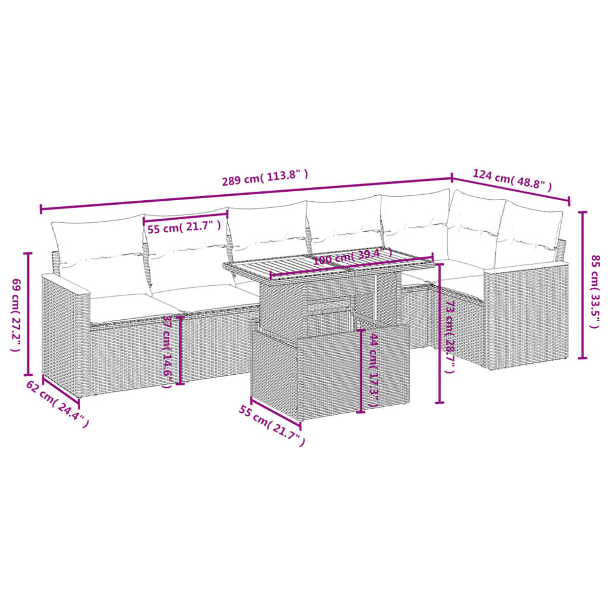 Diagramm zeigt Gartenmöbel: ein Ecksofa und einen Tisch. Abmessungen sind in Zentimetern und Zoll angegeben.