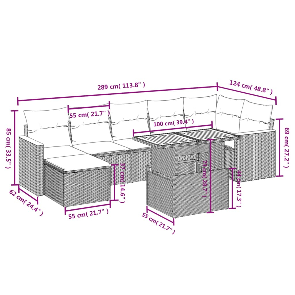 Ein geflochtenes Outdoor-Ecksofa mit Tisch. Abmessungen in Zentimetern und Zoll sind auf dem Bild angegeben.