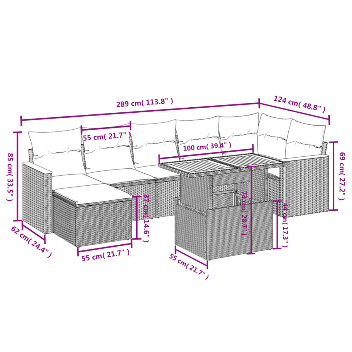 Ein Rattanset für den Außenbereich mit Sofa und Tisch, Maße sind angegeben, mit Kissen auf Sitzen und Rücken.