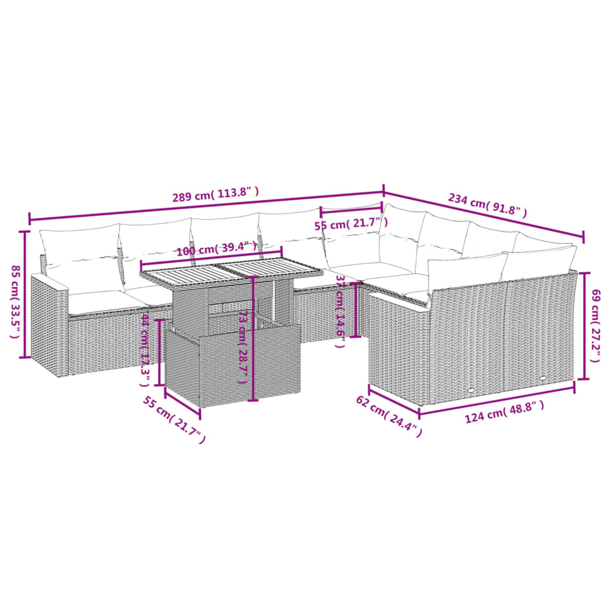 Geflochtenes Outdoor-Ecksofa-Set mit Maßen. Enthält einen Tisch und Kissen, mit Maßen in cm und Zoll.