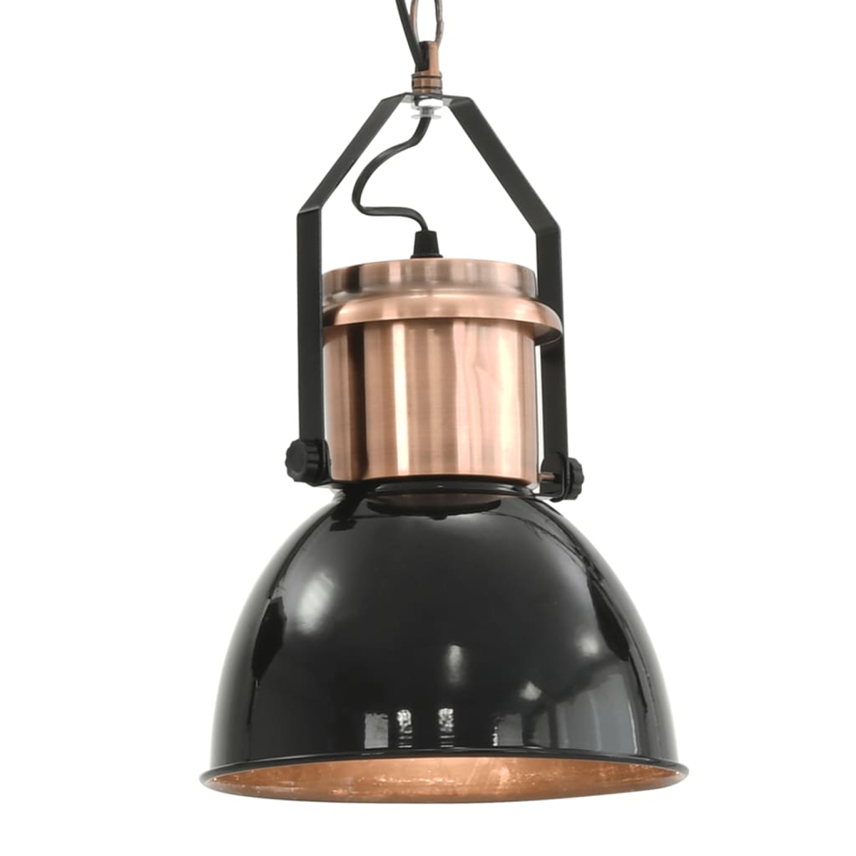 Eine schwarze und kupferfarbene Pendelleuchte. Die Lampe hat einen schwarzen Schirm und kupferfarbene Akzente. Sie hängt an einem schwarzen Metallrahmen.