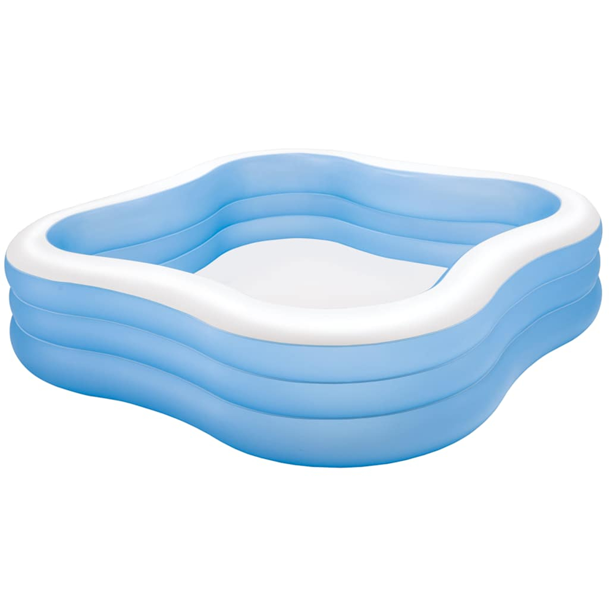 Ein aufblasbarer, rechteckiger Kinderpool. Er hat blaue Seiten und einen weißen oberen Rand. Der Innenraum ist weiß. Isoliert auf Weiß.