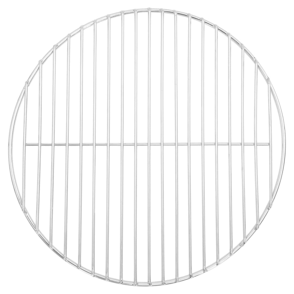 Ein kreisförmiger Metallgrill. Vertikale Stäbe sind durch gebogene Stäbe verbunden, die ein Gittermuster bilden. Der Grill steht vor einem weißen Hintergrund.
