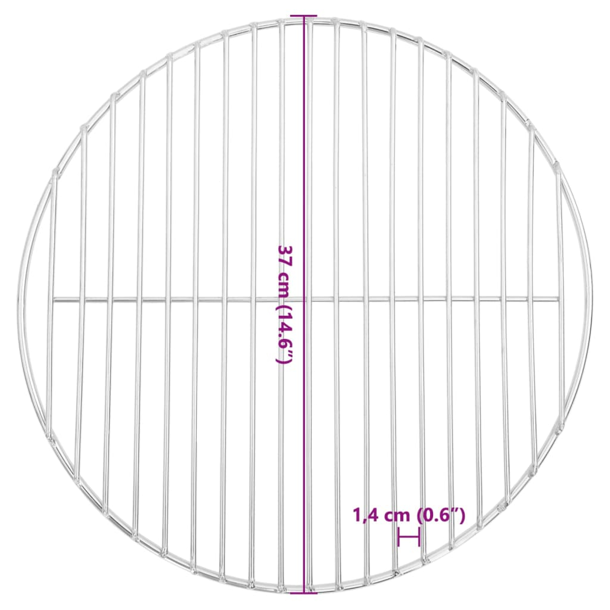Ein runder Metall-Grillrost mit vertikalen Stäben. Abmessungen: 37 cm (14,6") Durchmesser und 1,4 cm (0,6") Stababstand.
