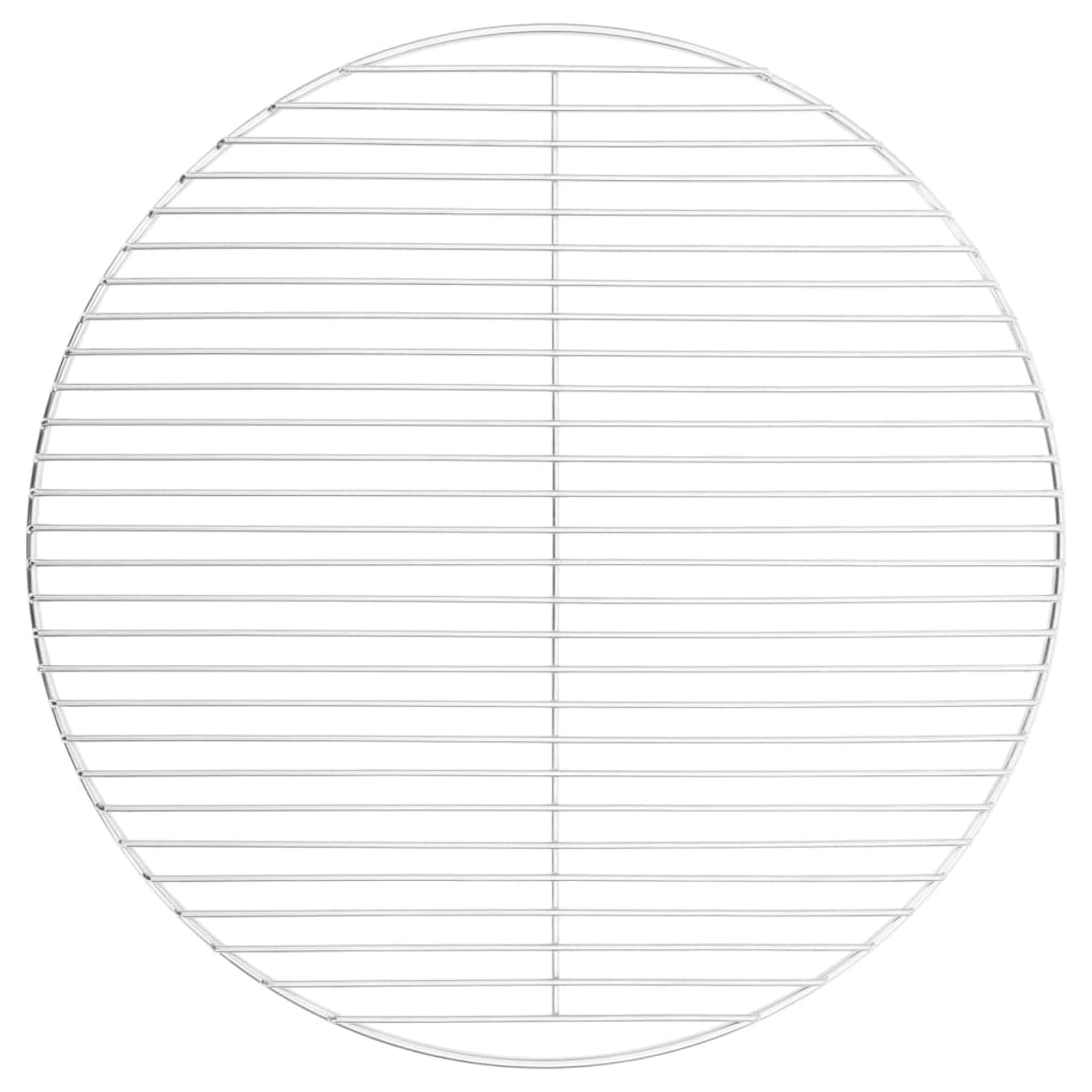 Ein kreisförmiger Metallgrill mit parallelen horizontalen Stäben. Der Grill ist silberfarben und erscheint vor weißem Hintergrund.