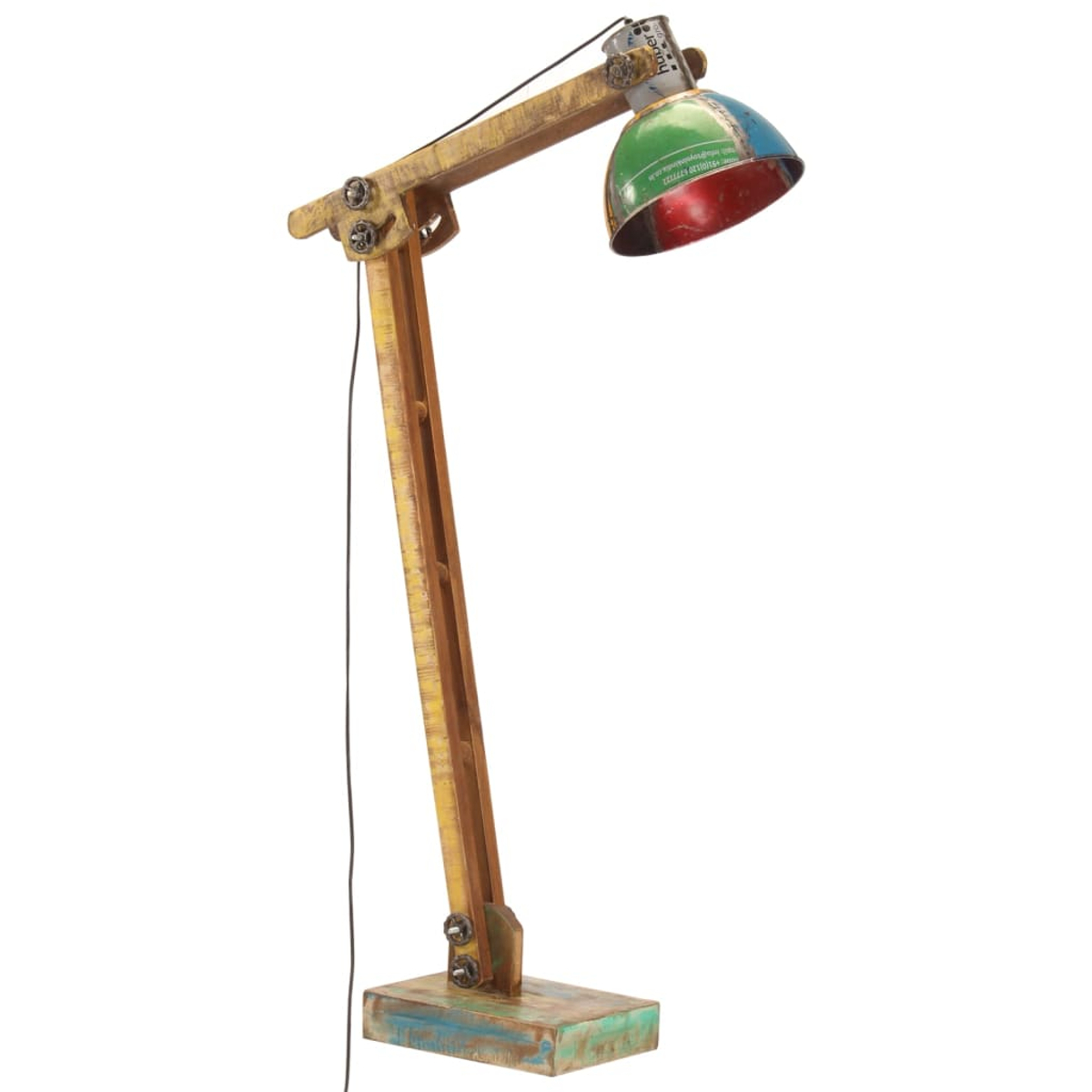 Eine hölzerne Schreibtischlampe mit farbenfrohem Lampenschirm. Der Sockel ist rechteckig, der Arm geht nach oben und biegt sich dann, um den Schirm zu halten.