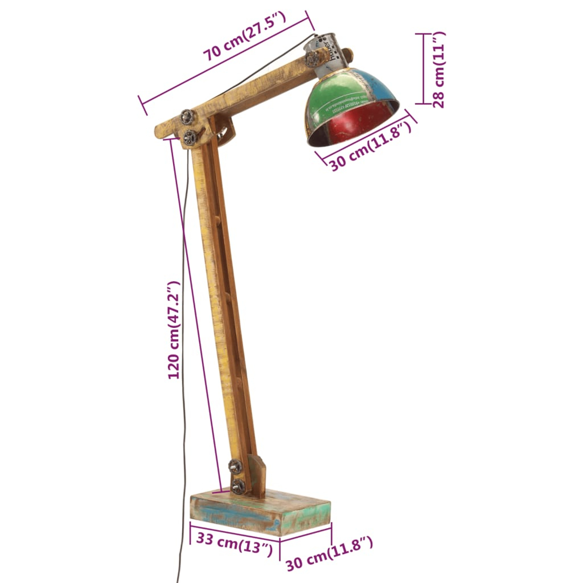 Holzbodenlampe mit farbenfrohem Lampenschirm. Die Lampe besteht aus recyceltem Holz und hat einen Vintage-Look.