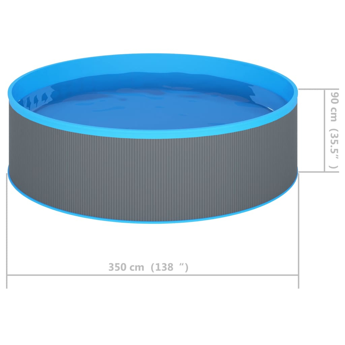 Ein runder oberirdischer Pool mit grauer Seite, blauem Oberteil und Wasser. Abmessungen: 350 cm Durchmesser, 90 cm Höhe.