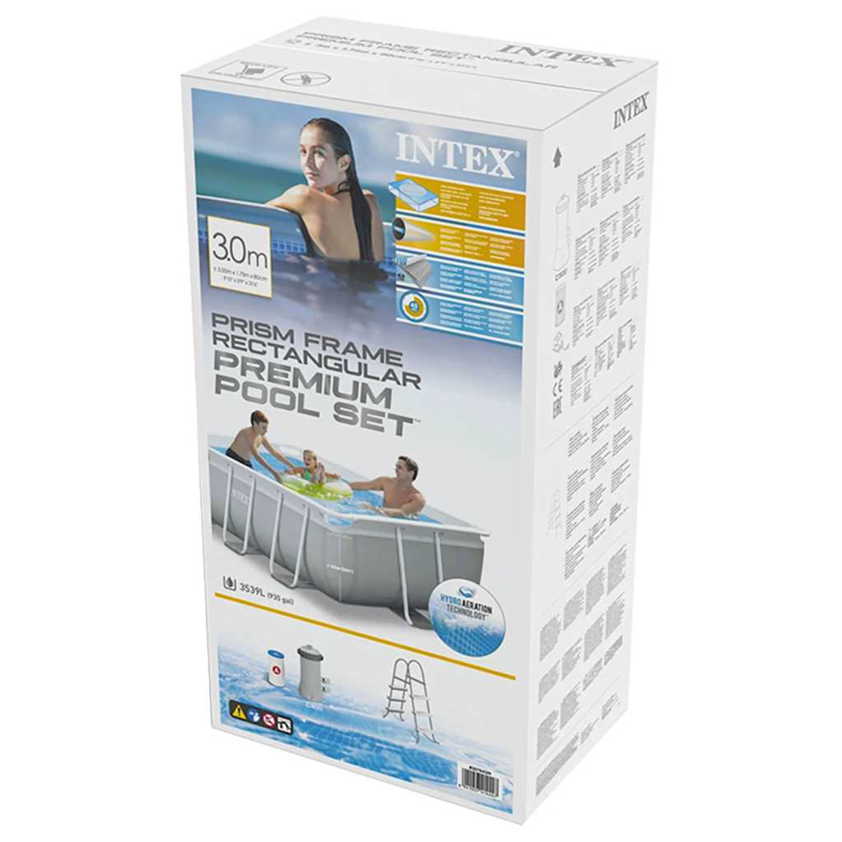 Auf der Box ist ein Pool-Set abgebildet. Eine Frau ist in einem Pool. Andere Personen sind im Pool, mit einem Kind. Die Box hat das Intex-Logo.