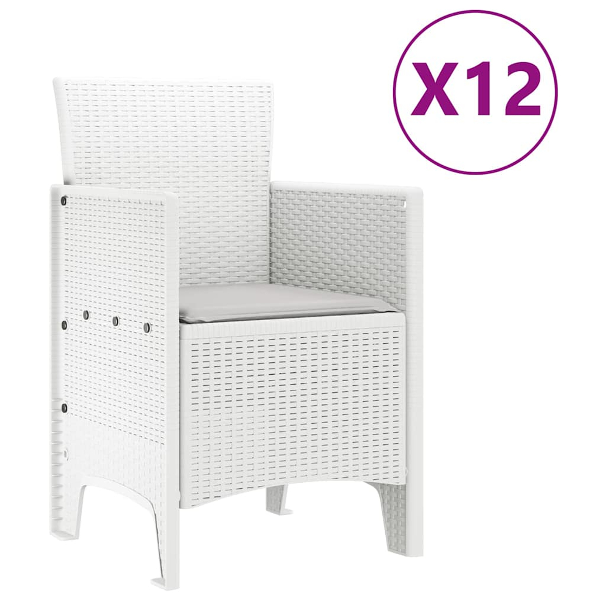 Una silla blanca de mimbre con un cojín gris. Un círculo morado con "X12" en el fondo.