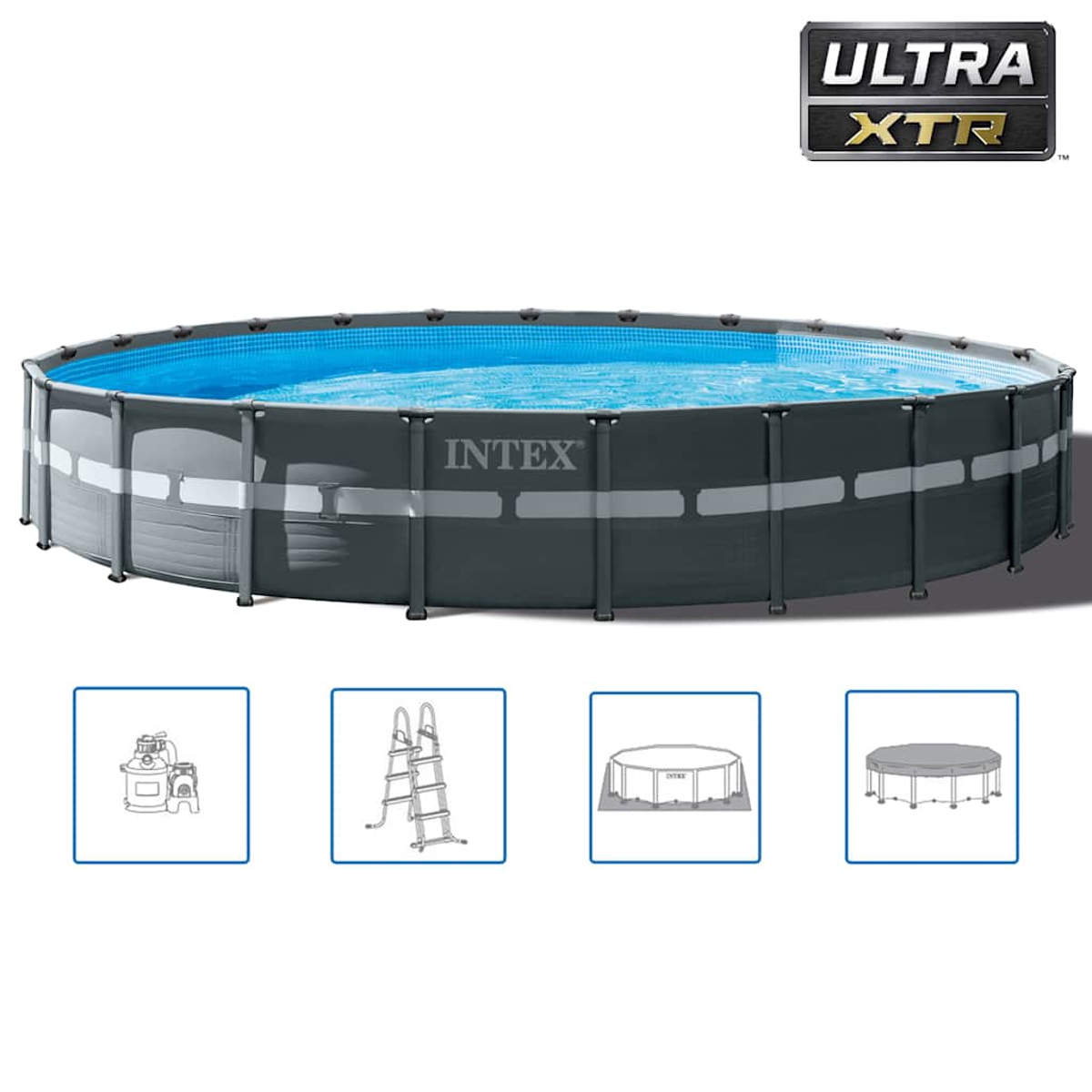 Ein Intex Ultra XTR-Pool, grau mit blauem Wasser. Enthält eine Leiter und anderes Zubehör. Das Intex-Logo ist sichtbar.