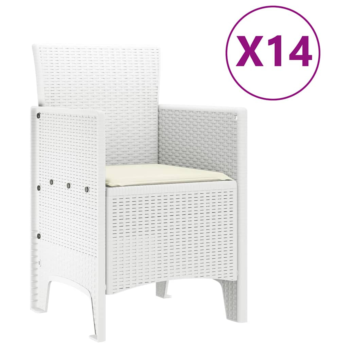 Weißer Korbstuhl mit cremefarbenem Kissen. Oben rechts ein lila Kreis mit 'X14'. Der Stuhl ist freigestellt.