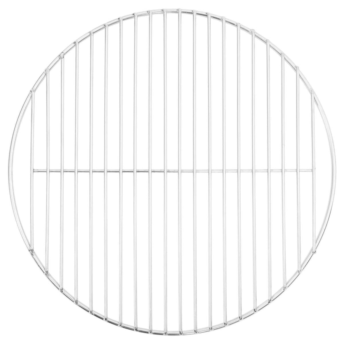 Ein runder, silberfarbener Grillrost. Vertikale und horizontale Stäbe bilden ein Gittermuster. Der Hintergrund ist weiß.