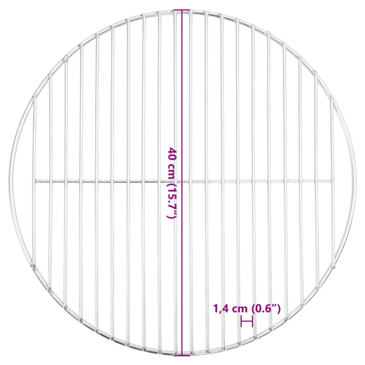 Ein runder Metallgrillrost mit vertikalen und horizontalen Stäben. Abmessungen sind markiert: 40 cm und 1,4 cm.