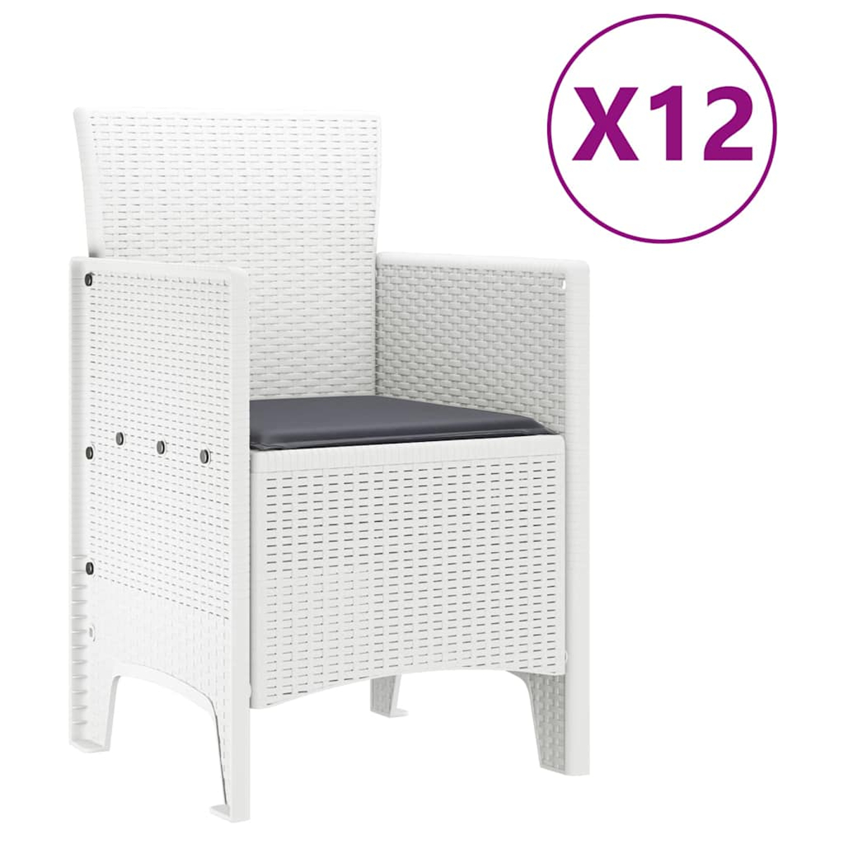 Silla blanca de mimbre con un cojín gris. Un círculo morado con "X12" está en la esquina superior derecha.