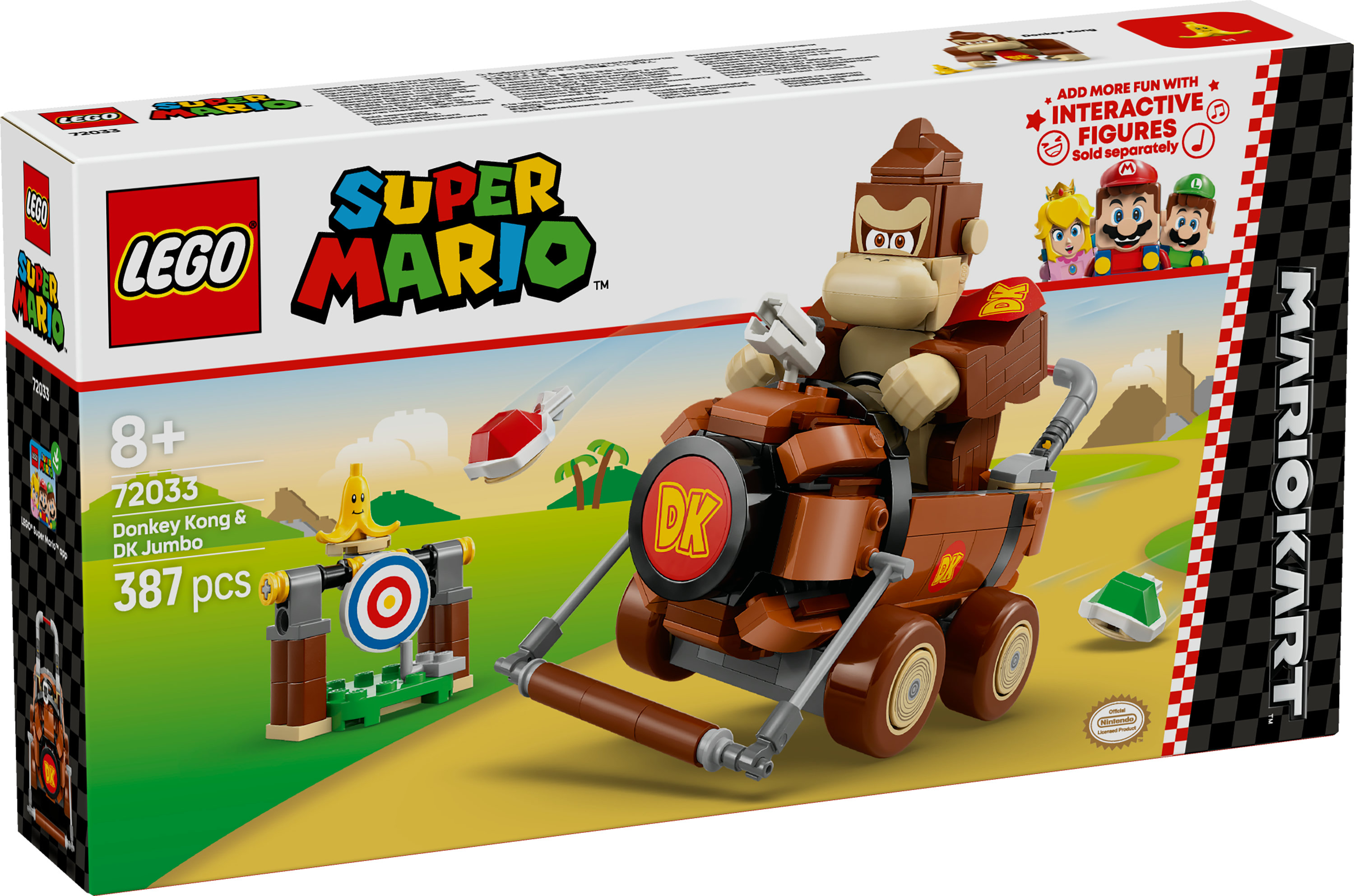 Caja del set Lego Super Mario. Donkey Kong en un kart, objetivo de plátano y personajes de Mario.