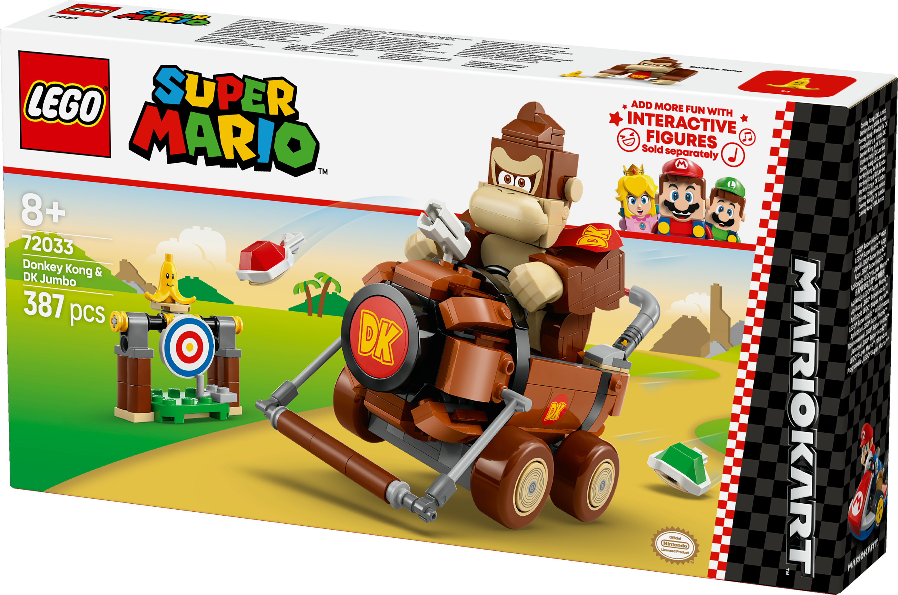 Caja Lego con Donkey Kong en un kart. El set incluye un blanco, un plátano y figuras de Mario.