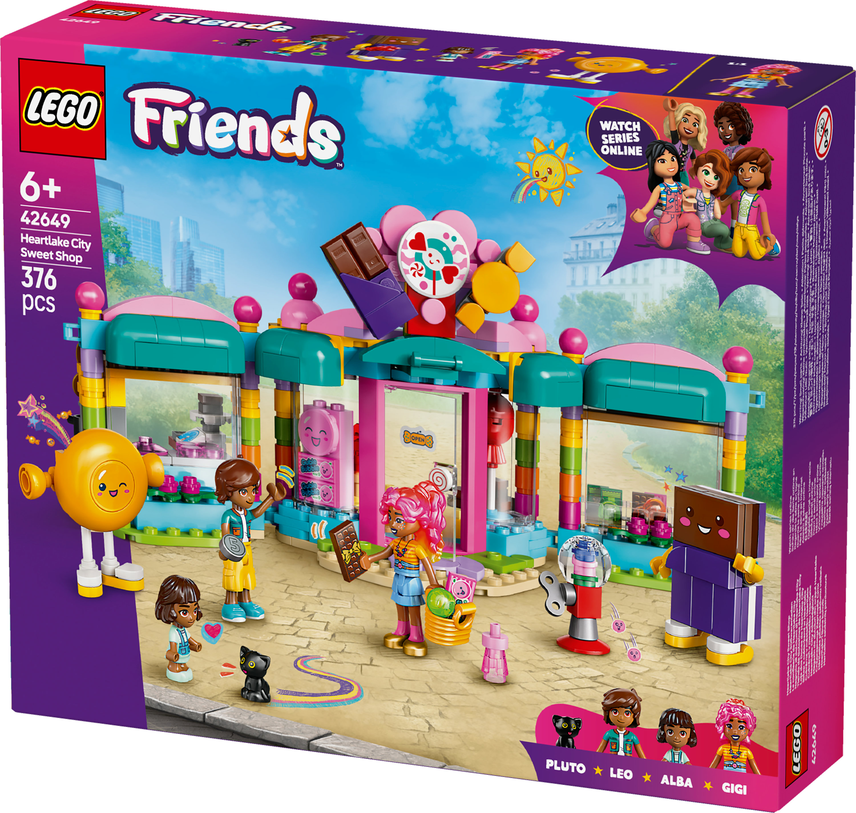 Pudełko zestawu Lego Friends. Przedstawia scenę ze sklepu ze słodyczami z figurkami Lego. Pudełko jest kolorowe z tekstem i obrazami.