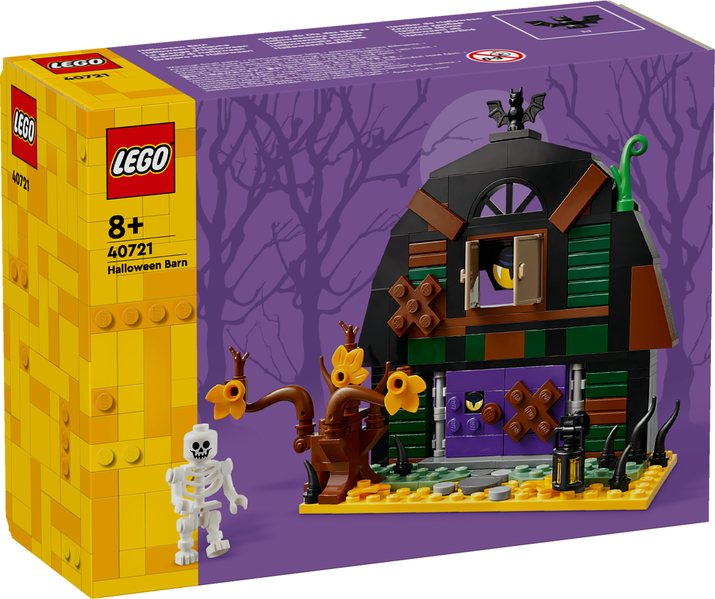 Pudełko zestawu Lego Halloween Barn. Zawiera stodołę, figurkę szkieletu i drzewo z żółtymi kwiatami. Fioletowe tło.