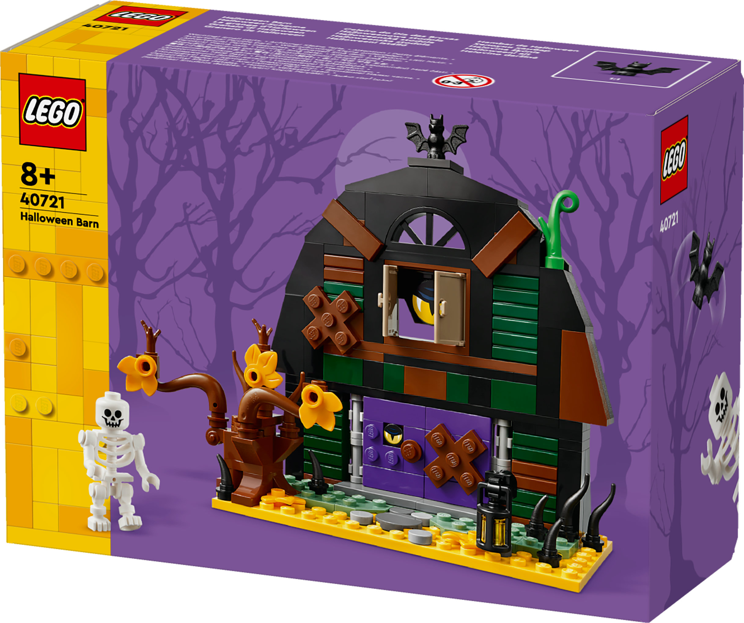 Pudełko zestawu LEGO Halloween Barn. Zawiera czarną stodołę z upiornymi detalami, figurkę szkieletu i nietoperza.