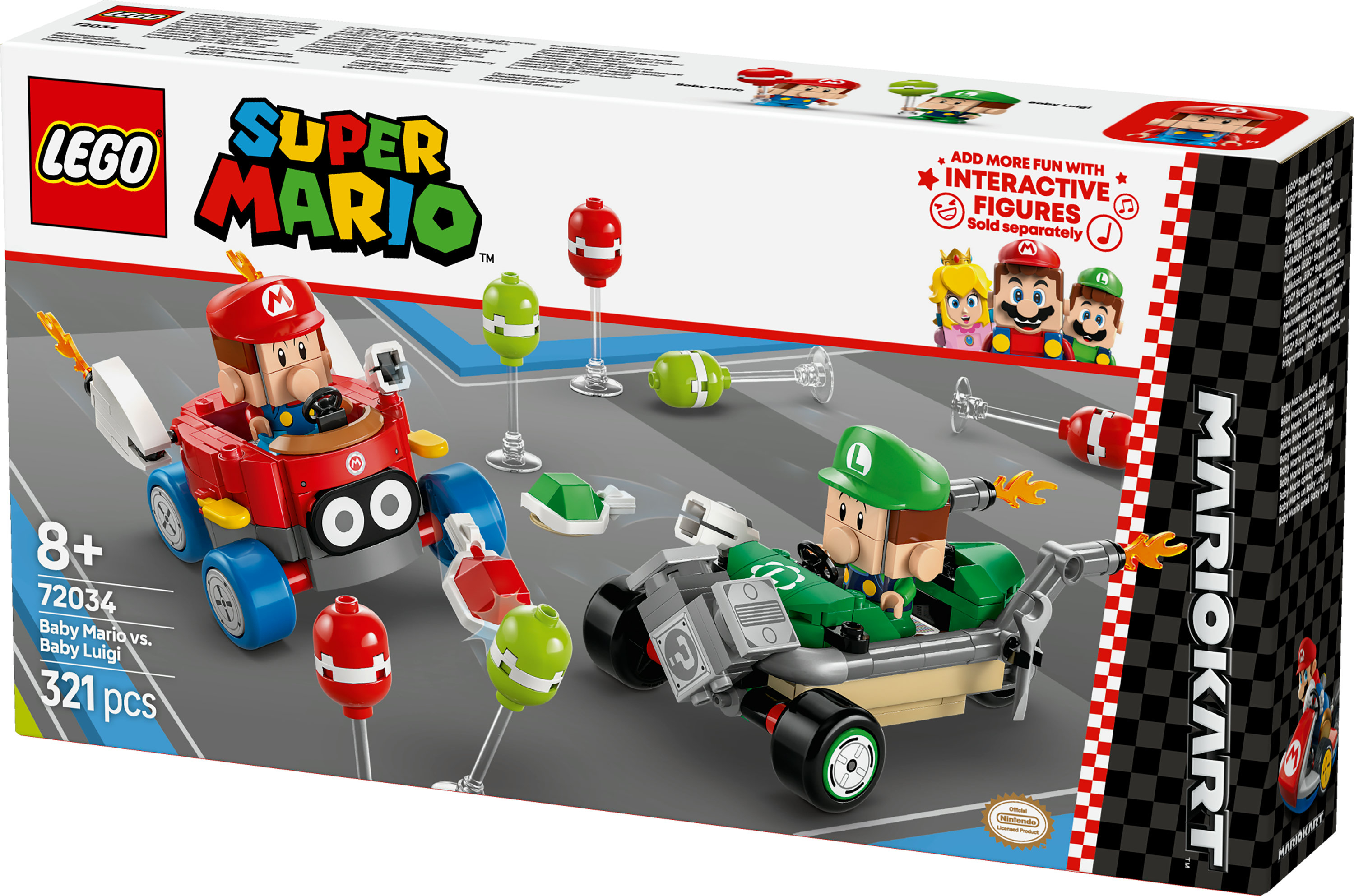 Pudełko zestawu LEGO Super Mario. Zawiera Baby Mario i Baby Luigi w gokartach. Zawiera interaktywne figurki.