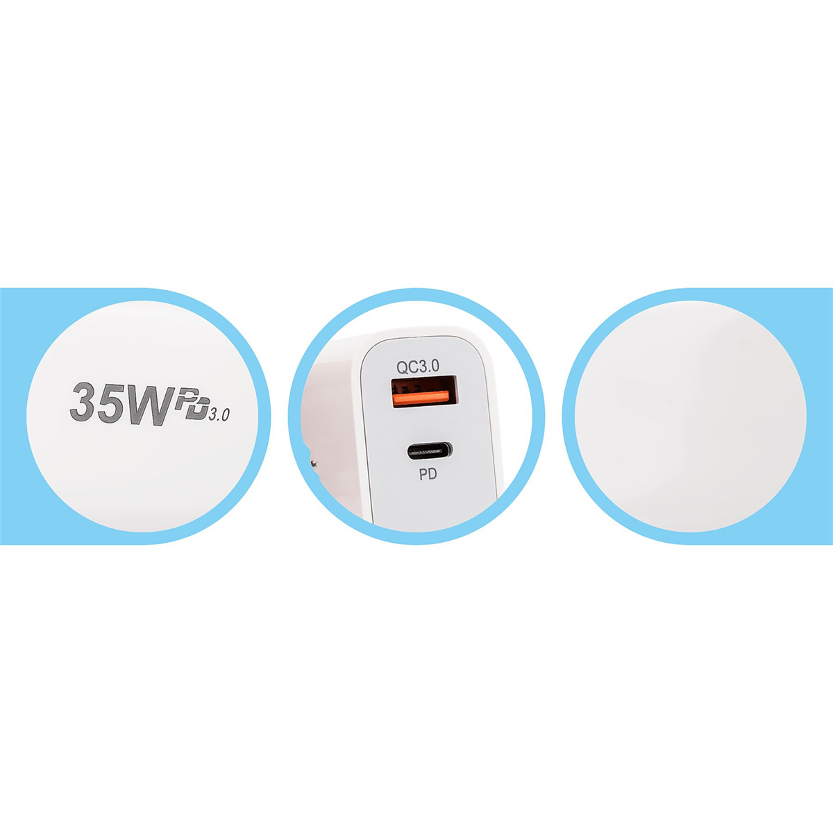 Ein weißes Ladegerät mit der Aufschrift '35W' und 'PD 3.0'. Es hat einen QC3.0-Anschluss und einen PD-Anschluss. Der Hintergrund ist hellblau mit weißen Kreisen.