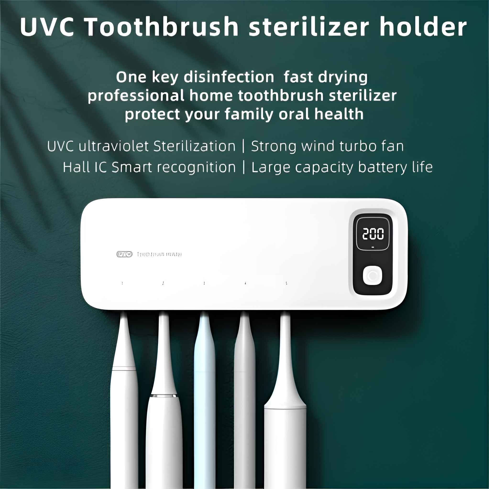Ein weißer UVC-Zahnbürstensterilisator mit digitaler Anzeige und mehreren Zahnbürsten darunter. Der Hintergrund ist teal.