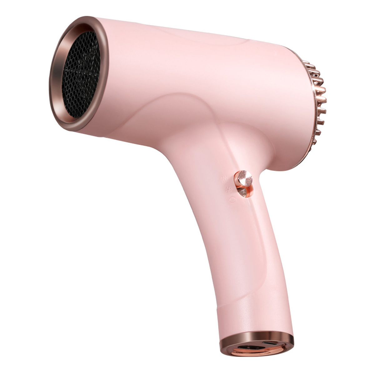 Ein rosa Haartrockner mit goldenen Akzenten. Er hat einen Griff, einen Lauf mit Wabenmuster und Bedienknöpfe.