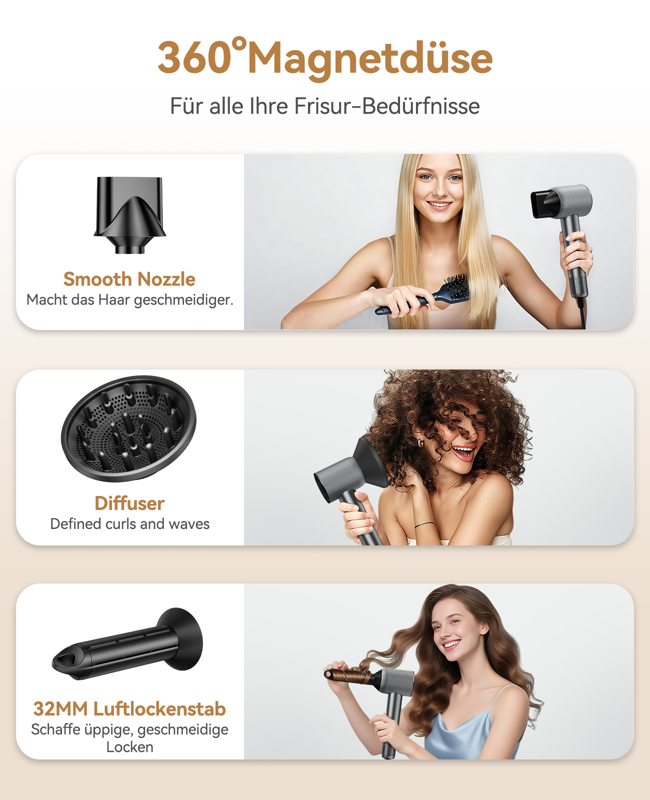 Bild zeigt Haarstyling-Werkzeuge mit Frauen, die sie benutzen. Enthält eine Düse, einen Diffusor und einen Lockenstab, die verschiedene Frisuren bewerben.