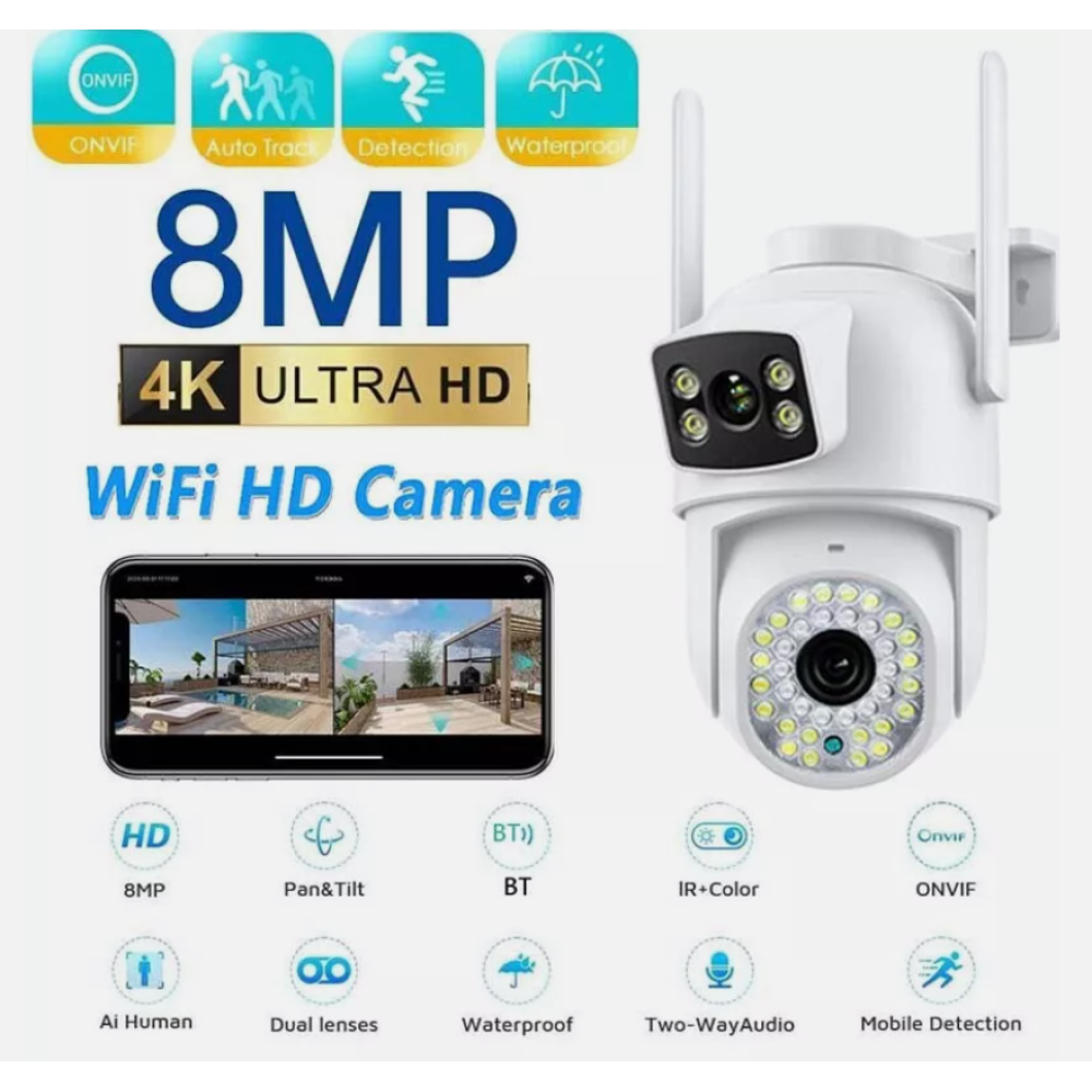Weiße WiFi HD-Kamera mit Funktionen wie wasserdicht, 8MP, KI-Mensch-Erkennung. Zeigt eine App-Anzeige und Symbole für verschiedene Funktionen.