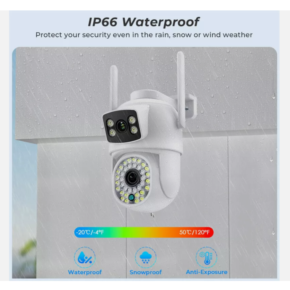 Weiße Überwachungskamera mit Antennen an der Wand, wasserdicht und schneesicher beworben. Temperaturanzeige. Regeneffekt.