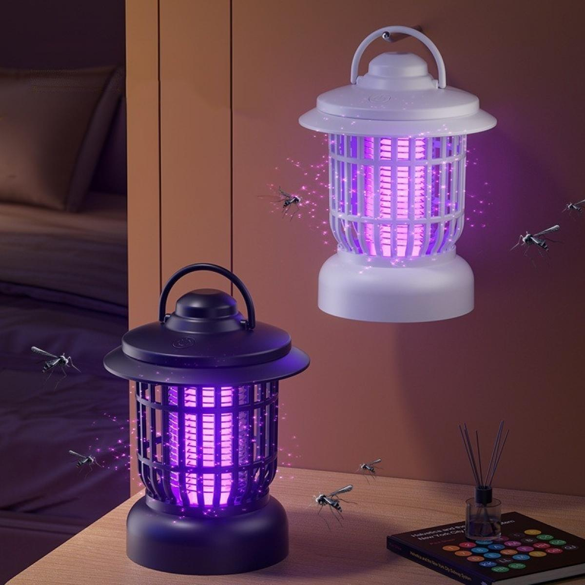 Zwei Moskitofallen mit violetten Lichtern, umgeben von Moskitos. Eine ist schwarz auf einem Tisch, die andere weiß an einer Wand.