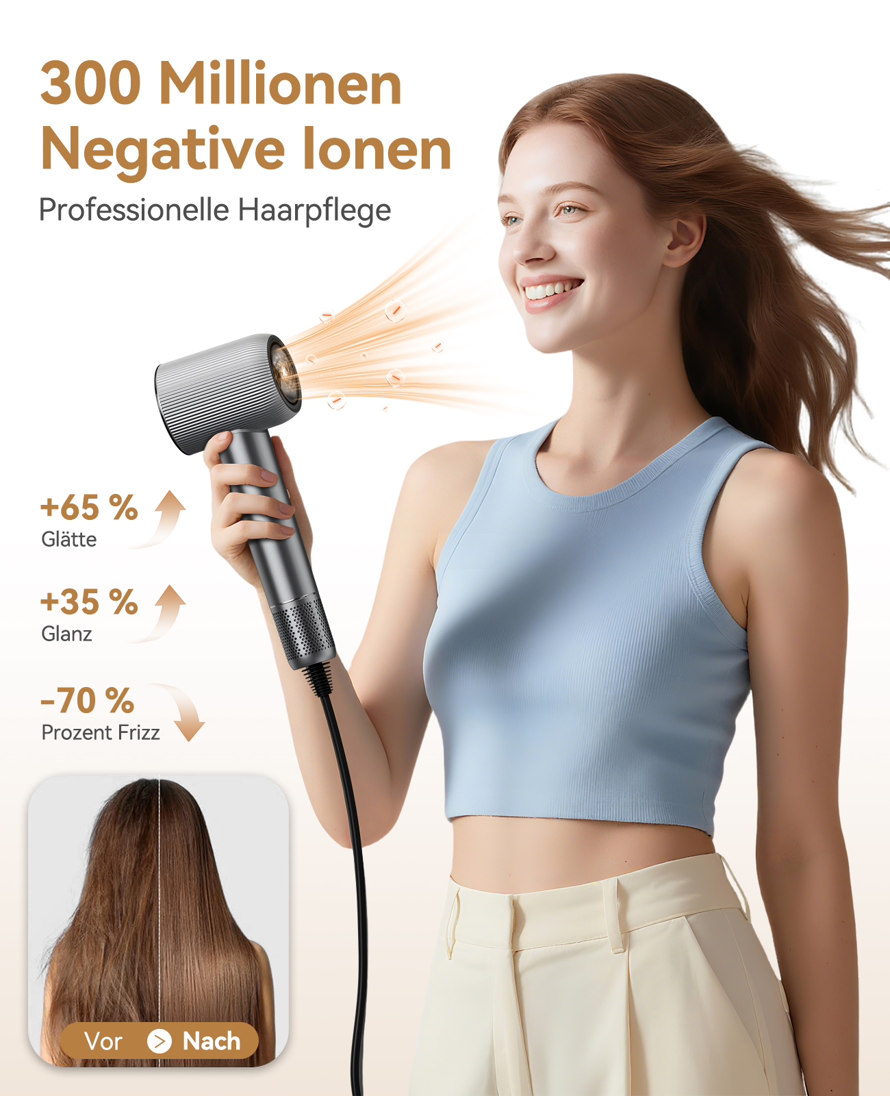 Eine Frau hält einen Haartrockner. Text hebt Vorteile wie weniger Frizz und mehr Glanz hervor. Vorher/Nachher-Haarvergleich gezeigt.