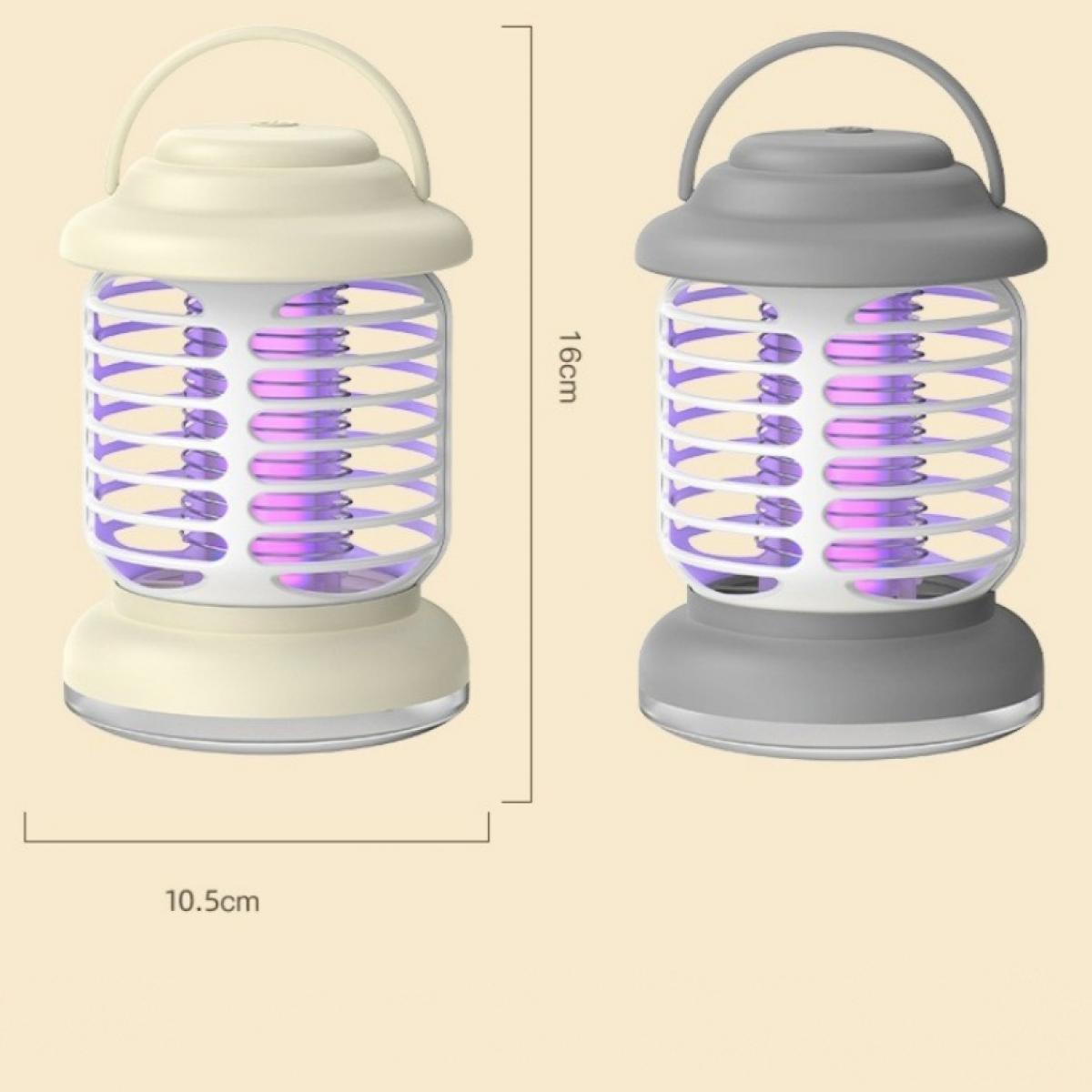 Zwei elektrische Insektenvernichter, cremefarben und grau. Beide haben Griffe, violette Lichter und ein Käfigdesign. Abmessungen sind angegeben.