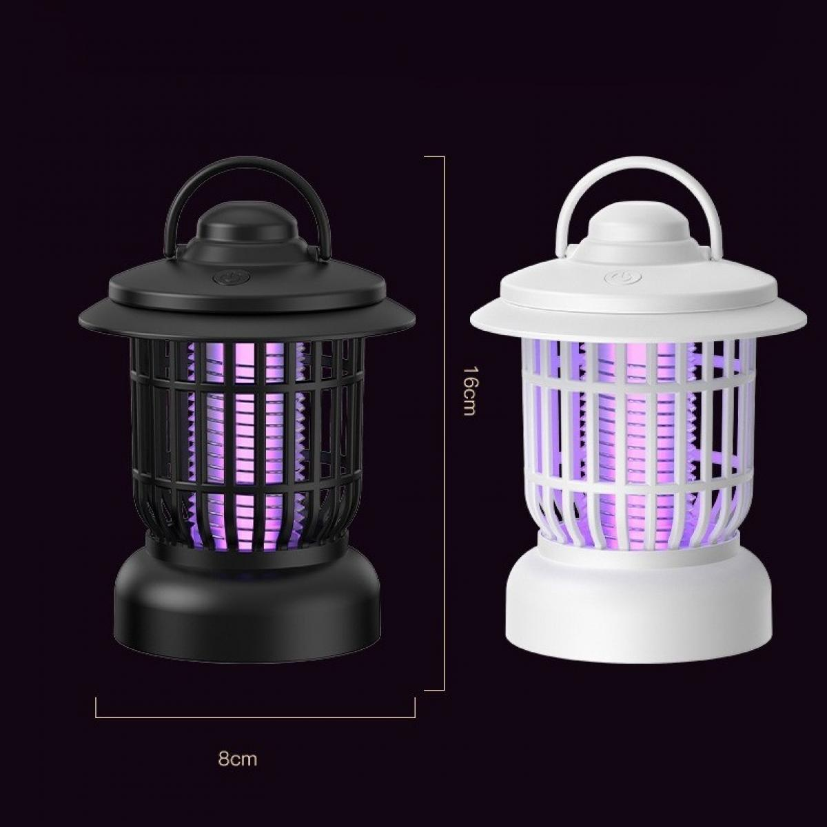 Zwei Mückenvernichter-Lampen, schwarz und weiß. Jede hat einen Griff, einen Käfig und strahlt violettes Licht aus. Abmessungen: 16 cm Höhe, 8 cm Breite.