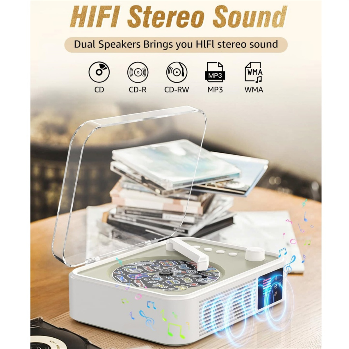 Ein tragbares HiFi-Stereo-Soundsystem mit Plattenspieler, CDs und Musikformat-Symbolen. Das Design ist modern und kompakt, auf einem Holztisch.
