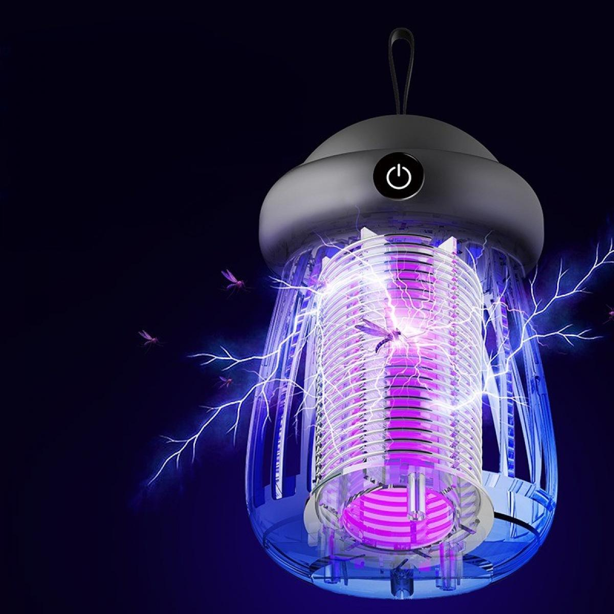 Eine elektrische Mückenfalle mit schwarzem Oberteil, lila Licht im Inneren und Mücken drumherum. Blitzartige Effekte sind sichtbar.