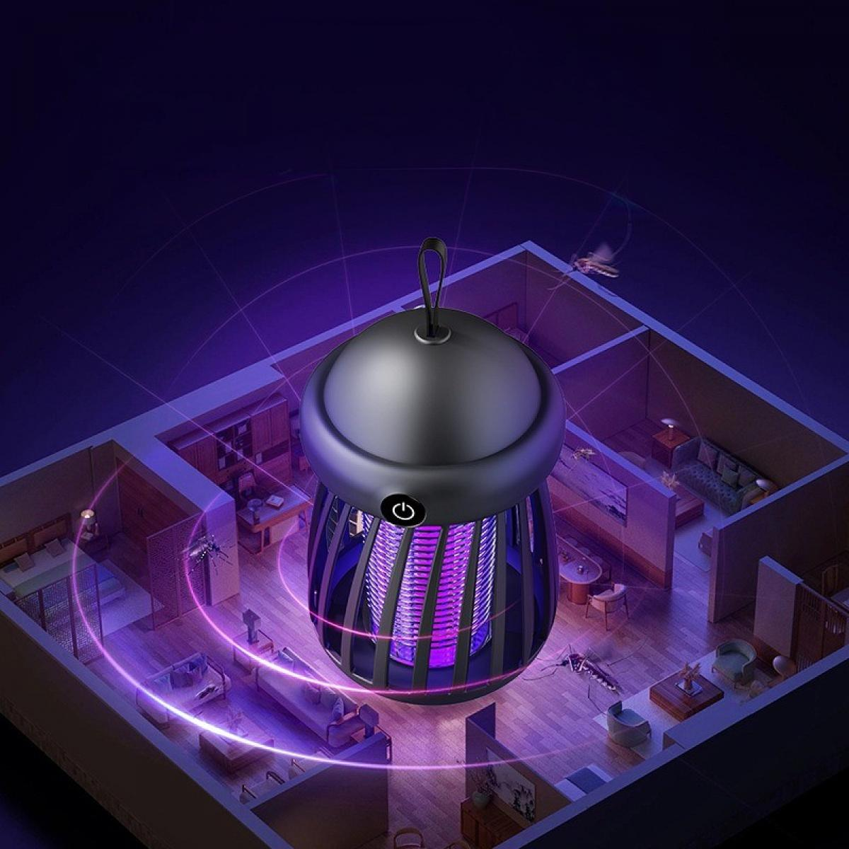 Ein schwarzer Mückenvernichter mit violettem Licht wird in einem Hausmodell gezeigt. Mücken und violette Lichtspuren sind sichtbar.