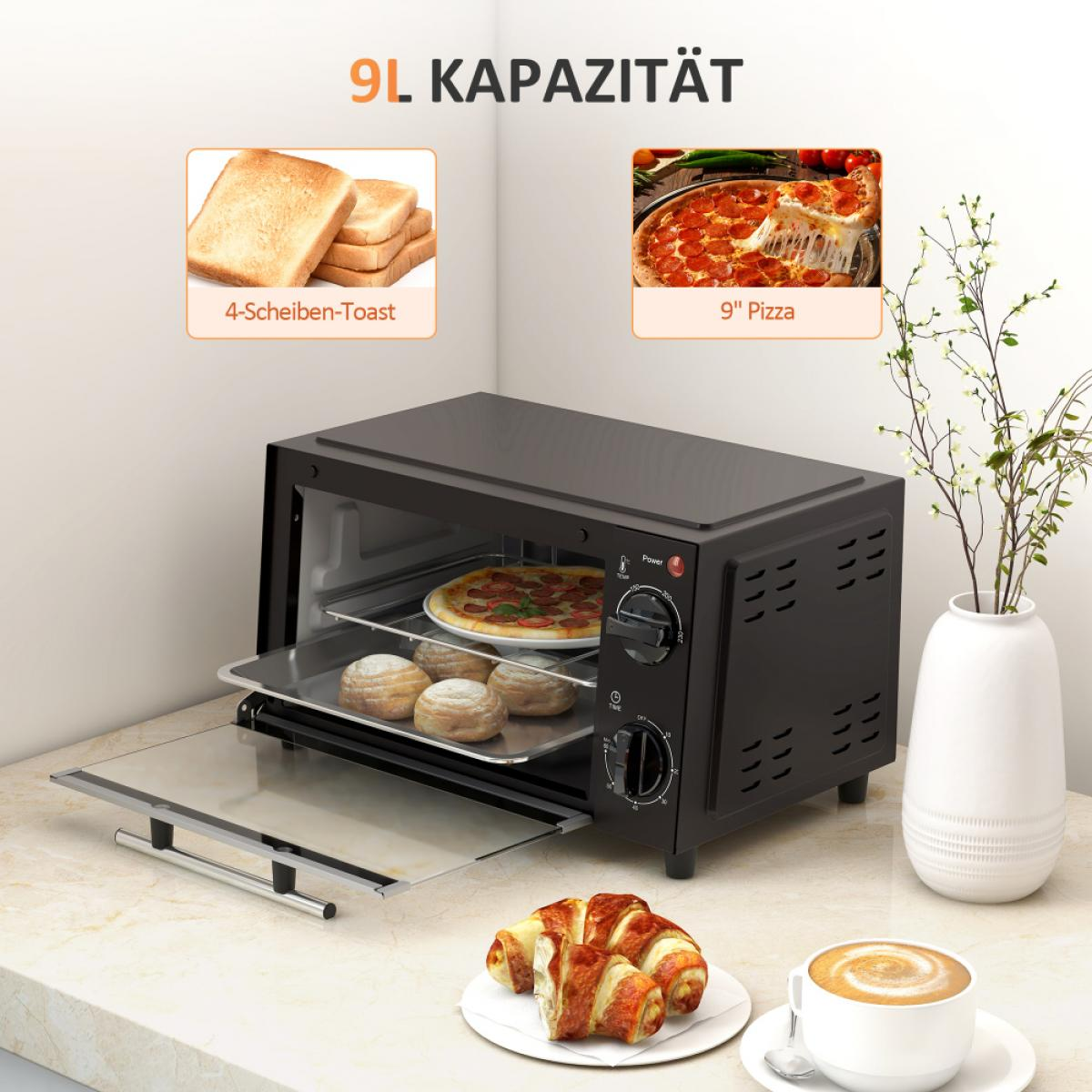 Schwarzer Toaster mit Pizza und Gebäck. Ein Croissant und Kaffee stehen auf dem Tisch. Toast- und Pizzabilder werden angezeigt.