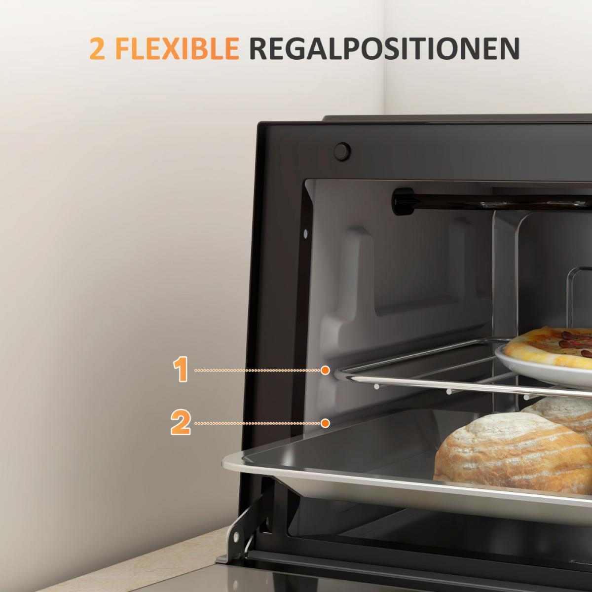 Ein Ofen mit zwei flexiblen Regalpositionen, der eine Pizza und Brot enthält. Nummerierte Positionen sind angegeben. Der Text oben lautet 2 flexible Positionen.