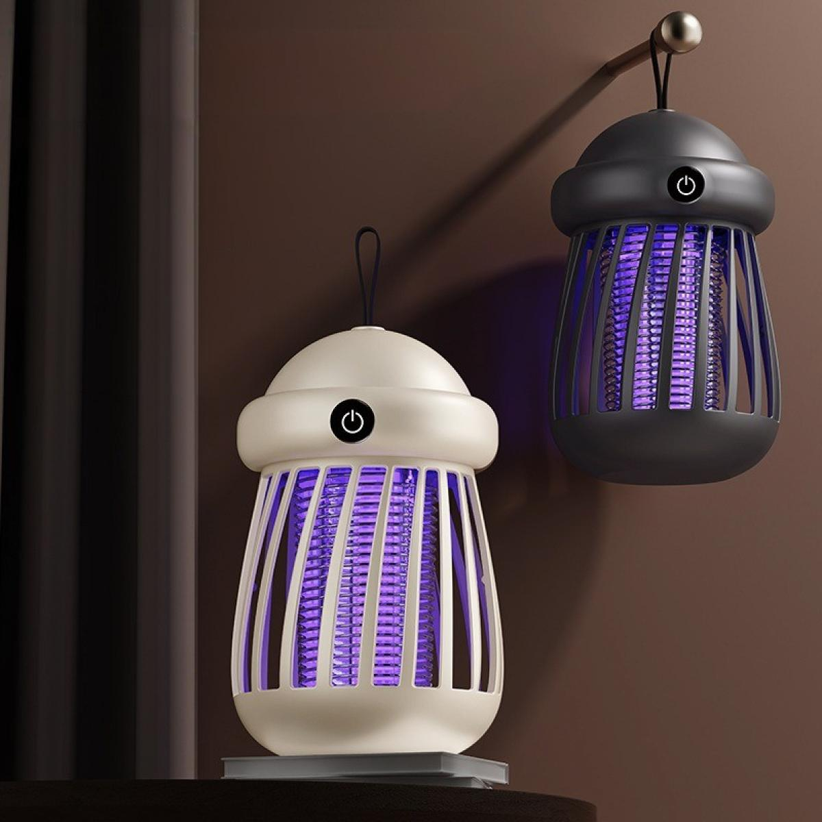 Zwei elektrische Insektenvernichter. Einer weiß, einer schwarz, beide mit violettem Licht. Einer hängt an der Wand, der andere steht auf einer Oberfläche.