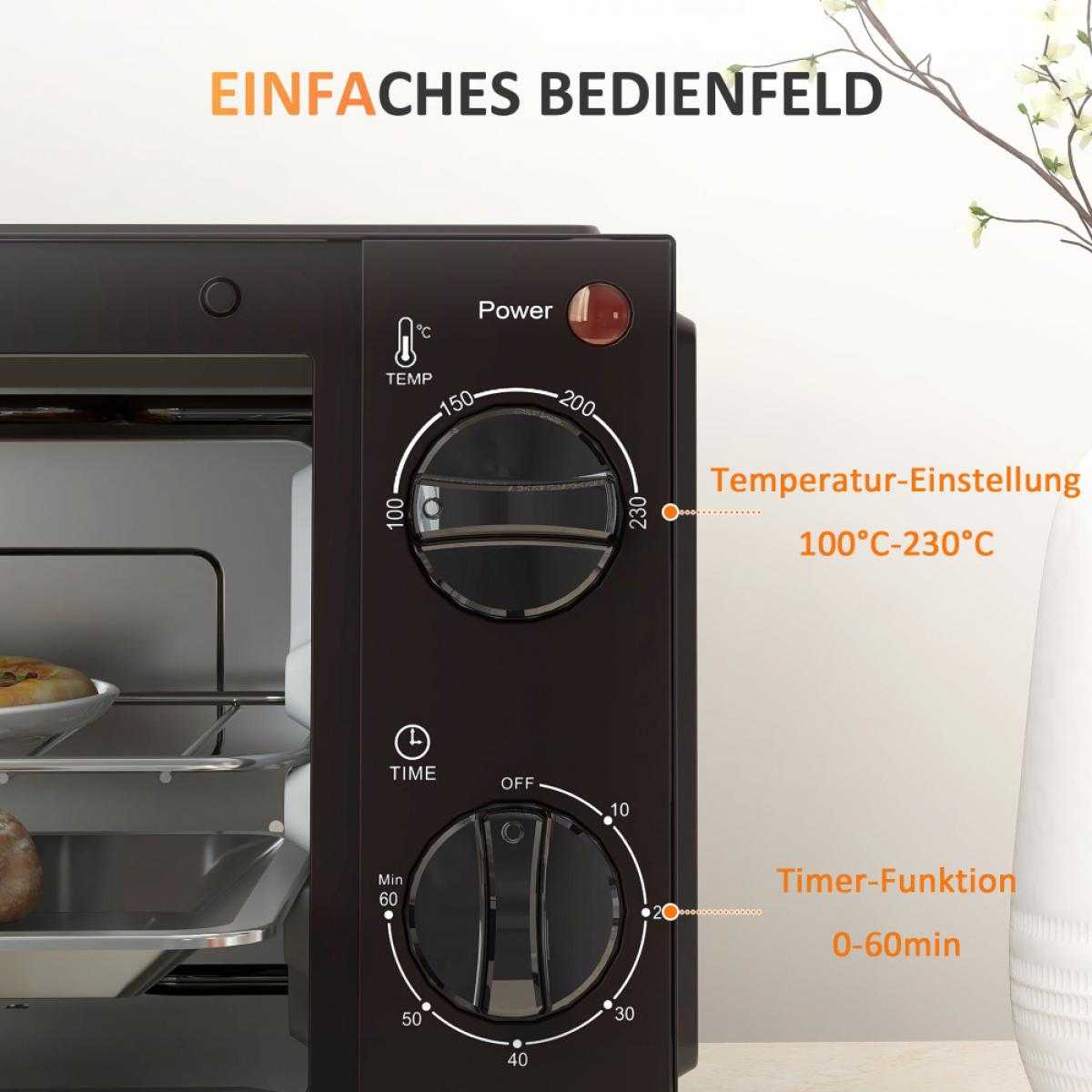 Schwarzer Ofen mit Temperatur- und Timer-Reglern. Text lautet 'Temperatur-Einstellung 100°C-230°C' und 'Timer-Funktion 0-60min'.