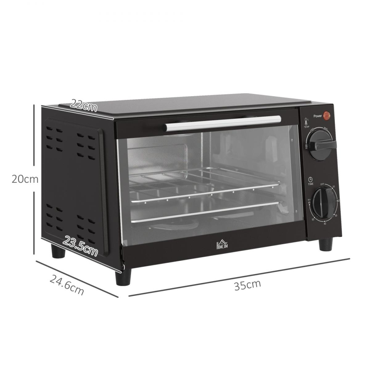 Schwarzer Tischbackofen mit transparenter Tür, Bedienknöpfen und Maßangaben. Enthält Innenroste zum Kochen und ein Logo.