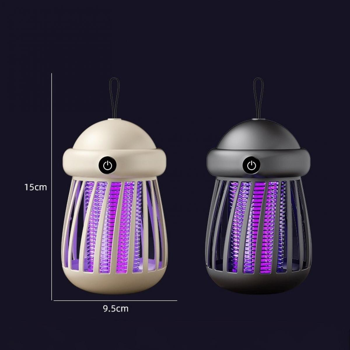 Zwei Moskitolampen, eine cremefarben und eine schwarze. Beide haben einen Ein-Aus-Schalter und ein violettes Licht. Abmessungen sind angegeben.