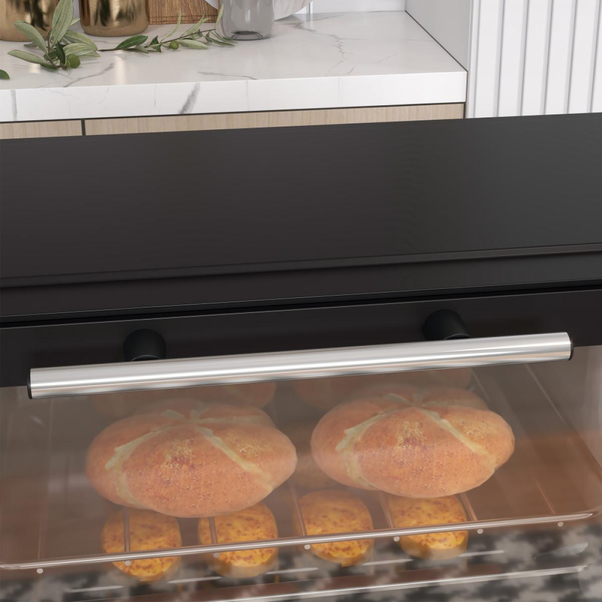 Ofen mit Brot im Inneren. Zwei große Laibe und kleinere Brötchen auf Rosten. Schwarzer Ofen, Glastür, glänzender Griff.